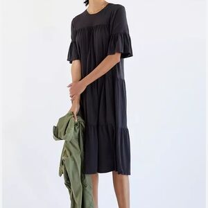 Anthropologie Sundry Black Cotton Ruffle Sleeve Tiered Midi Dress
